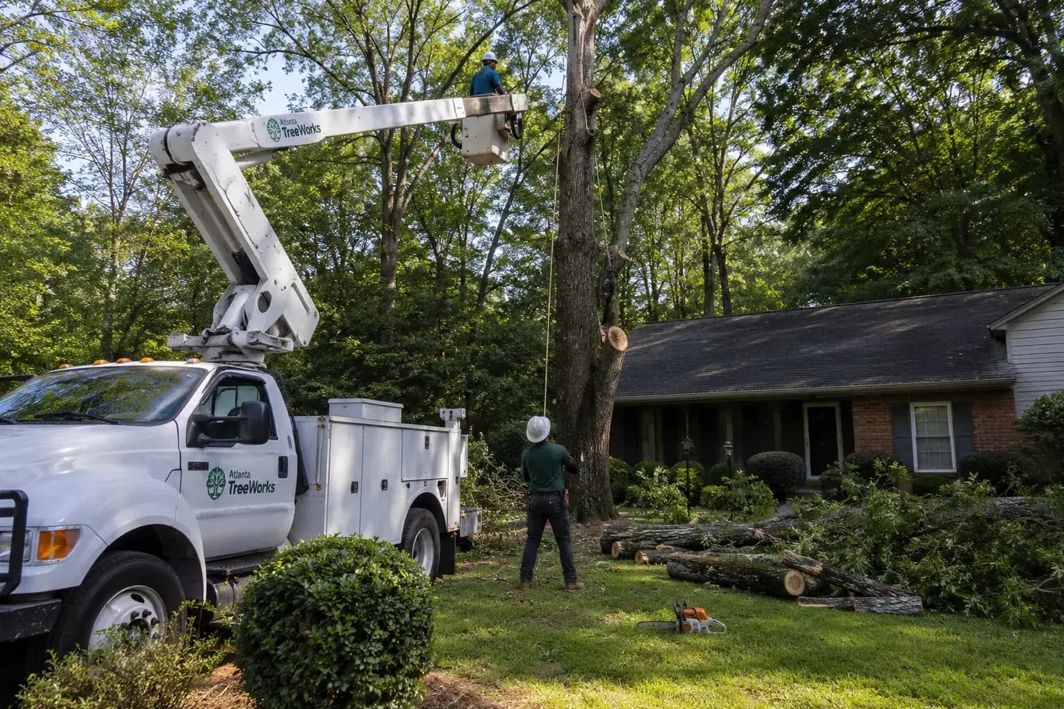Tree crew using ropes to lower a large limb beside a Nashville home